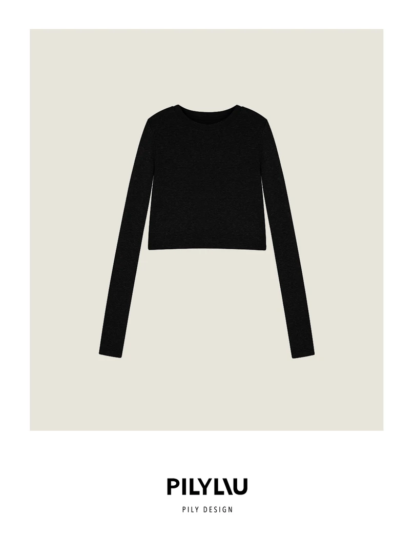 PILYLIU原创设计腕线过裆天丝绵羊毛短款加长袖子黑色修身打底T恤