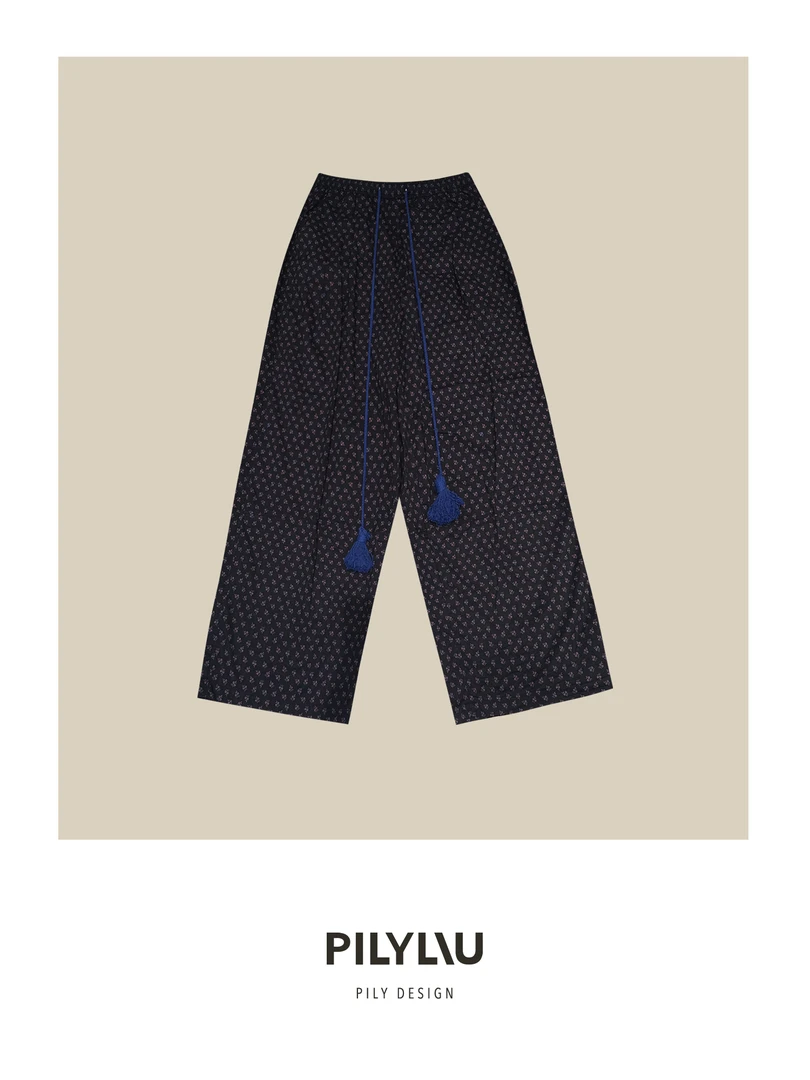 PILYLIU原创设计 黑篮碎花 手工流苏睡裤 全棉府绸舒适休闲裤