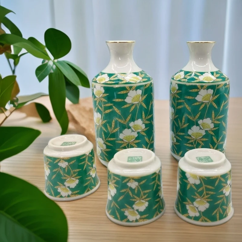日本舶来品绿釉花纹飞鸟窑两壶三杯（送一瑕）底款在铭品相尺寸如图