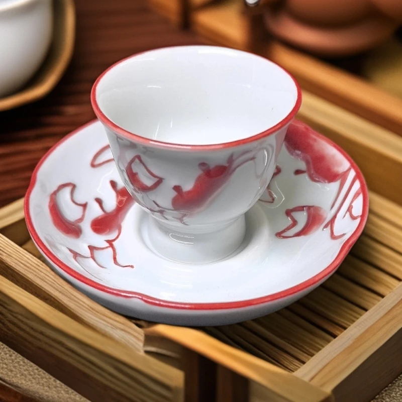 日本中古vintage力士款赤绘螃蟹杯，浮雕手绘翻墙绘瓷感润品尺如图