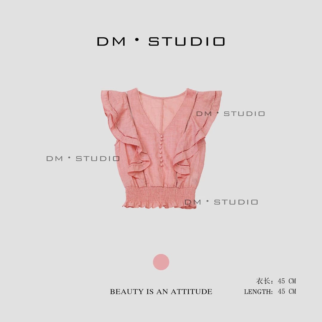 DM•STUDIO/夏季休闲百搭小众设计感飞飞袖苎麻V领上衣（245033）