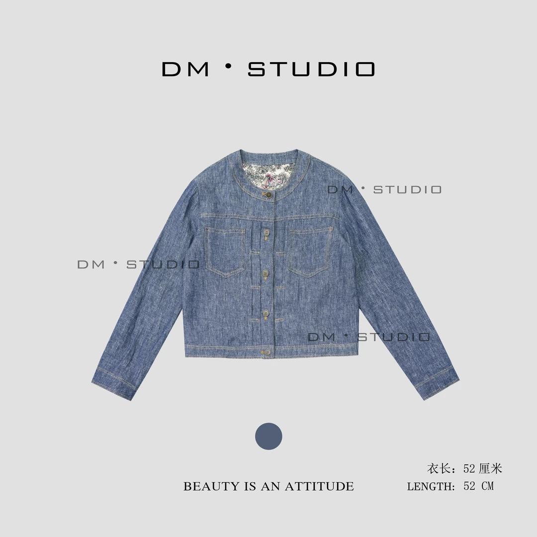 DM•STUDIO/气质复古潮流重工100%亚麻排扣牛仔外套（L24235）