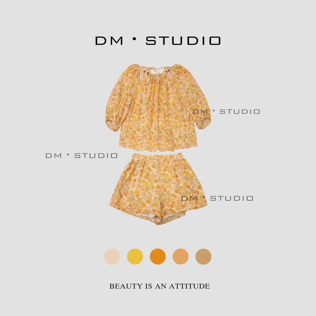 DM•STUDIO/夏季宽松高级感系绳碎花100%苎麻上衣+短裤套装（9151）