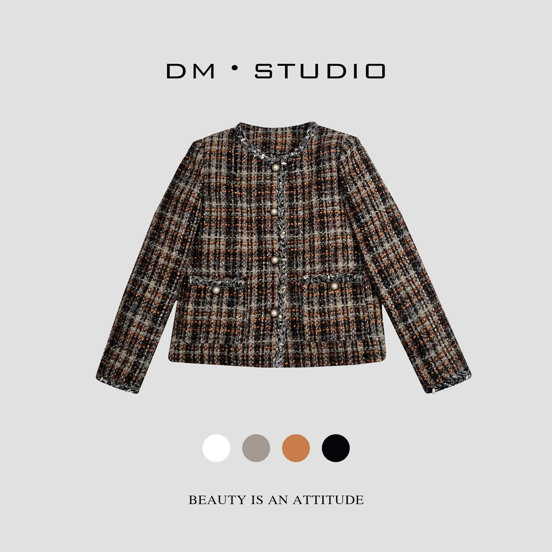 DM•STUDIO/秋冬格纹粗花呢50%羊毛90白鸭绒羽绒小香外套(1206)