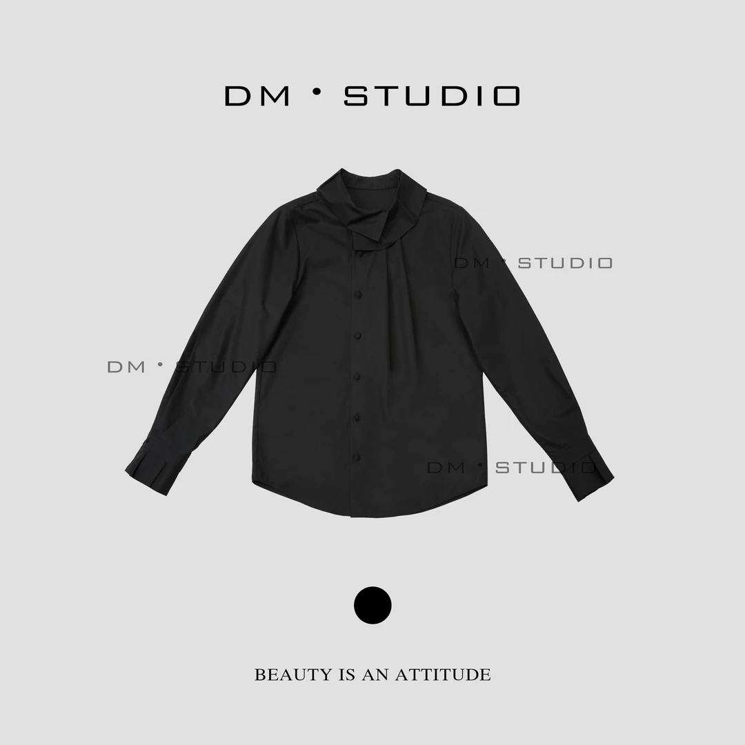 DM•STUDIO/百搭小众纯色极简风设计感翻领长袖衬衫上衣(70381)