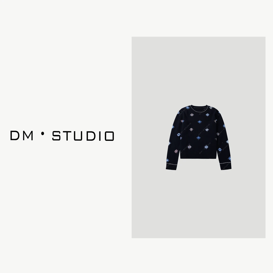 DEDM-DM•STUDIO/100%绵羊毛减龄亮钻小众设计圆领套头毛衣（1185）