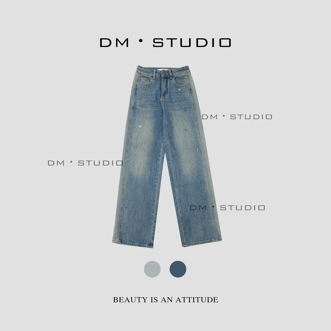 DM•STUDIO/设计师重工亮钻小标复古水洗拖地牛仔裤(8090).