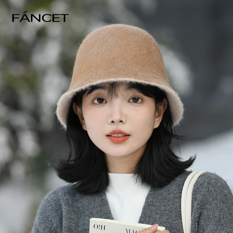 Fancet凡饰毛绒渔夫帽女秋冬羊毛帽加绒盆帽CM95221