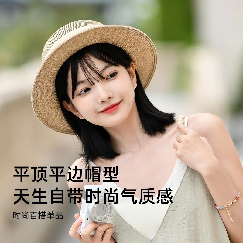 FANCET/凡饰法式复古草帽女防晒遮阳度假平顶编织百搭礼帽CM94056