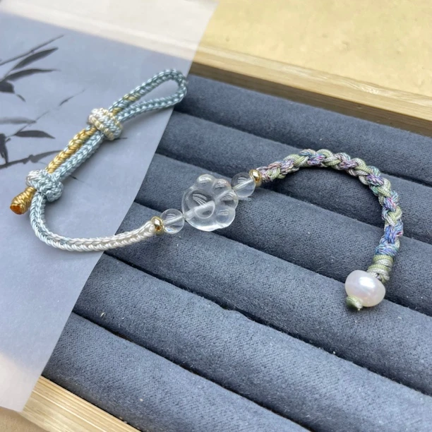 天然白水晶猫爪纯手工编绳渐变原创设计可调节手绳百搭163