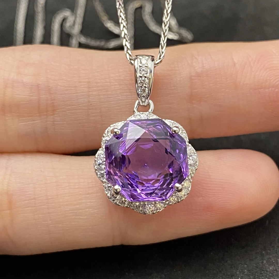 玫瑰花切工天然紫水晶吊坠（不含链）s925银10*10mm轻奢精致百搭Y2