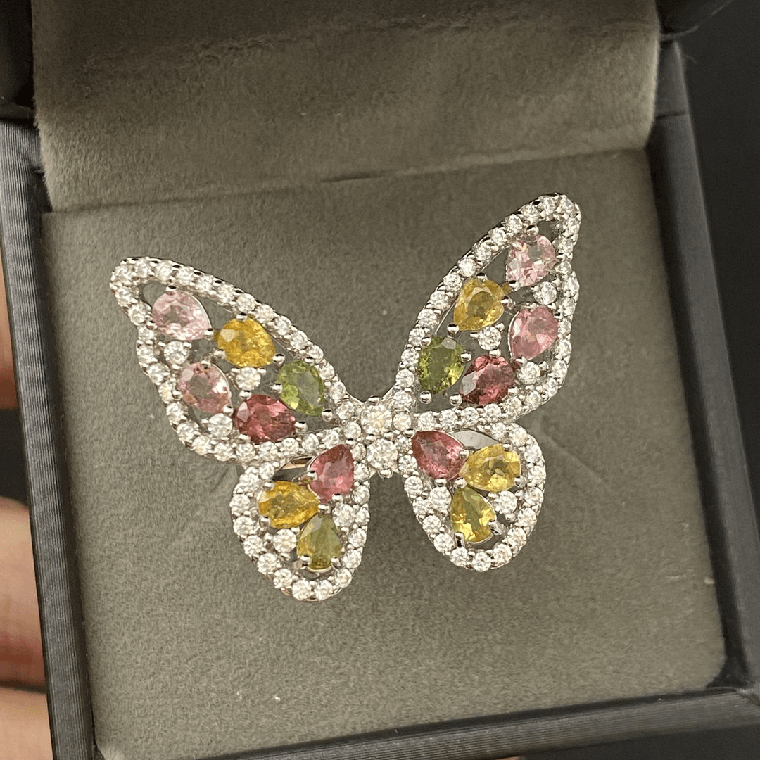 蝴蝶天然彩色碧玺戒指s925银轻奢精致满钻气质时尚百搭一物一证