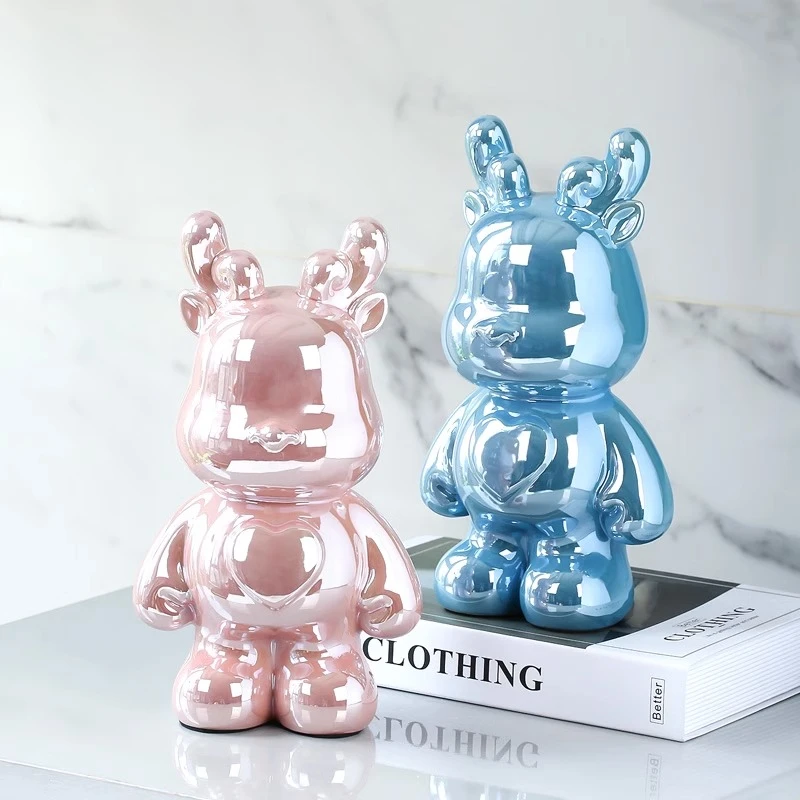 潮玩轻奢爱心龙摆件家居客厅装饰品酒柜玄关摆设电镀陶瓷存钱罐