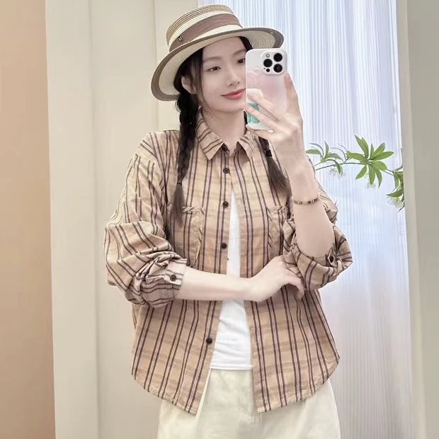 个性条纹棉衬衫女2005秋新款时尚休闲宽松韩版气质百搭显瘦上衣潮