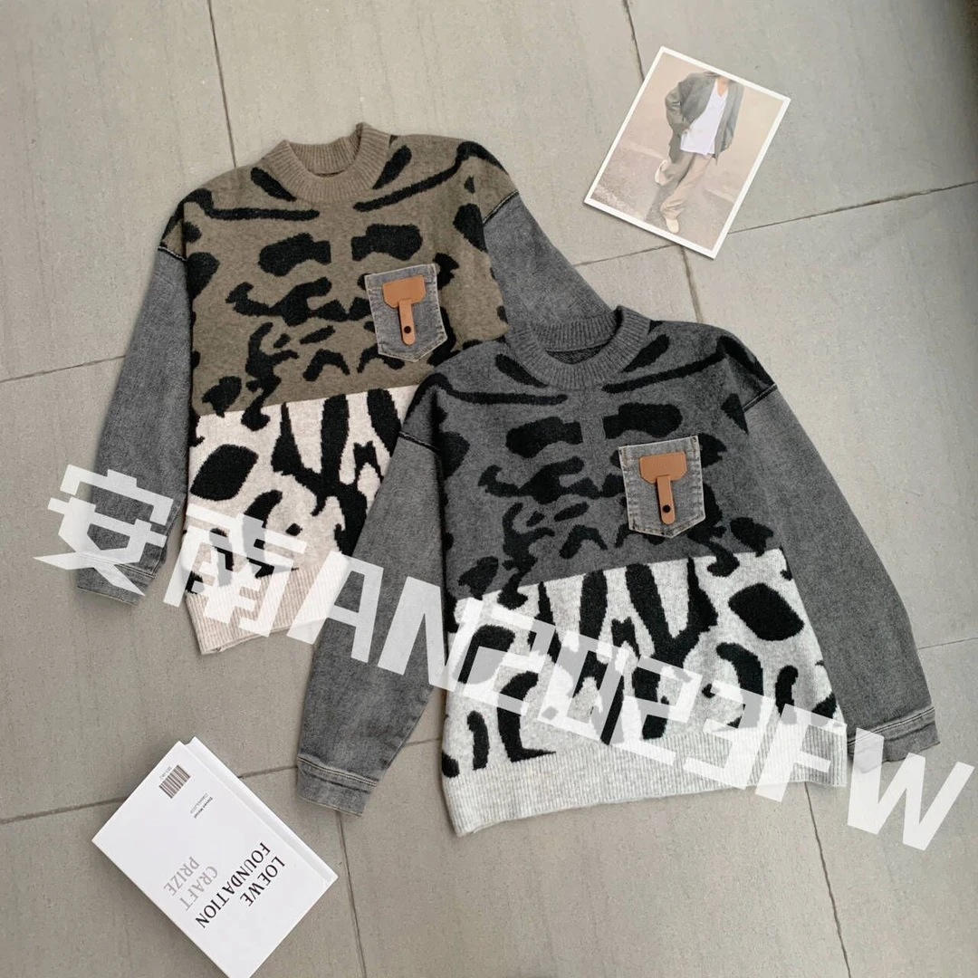 安南AN【油画少女】A10100秋季新款韩版拼接加绒牛仔袖时尚豹纹毛衣