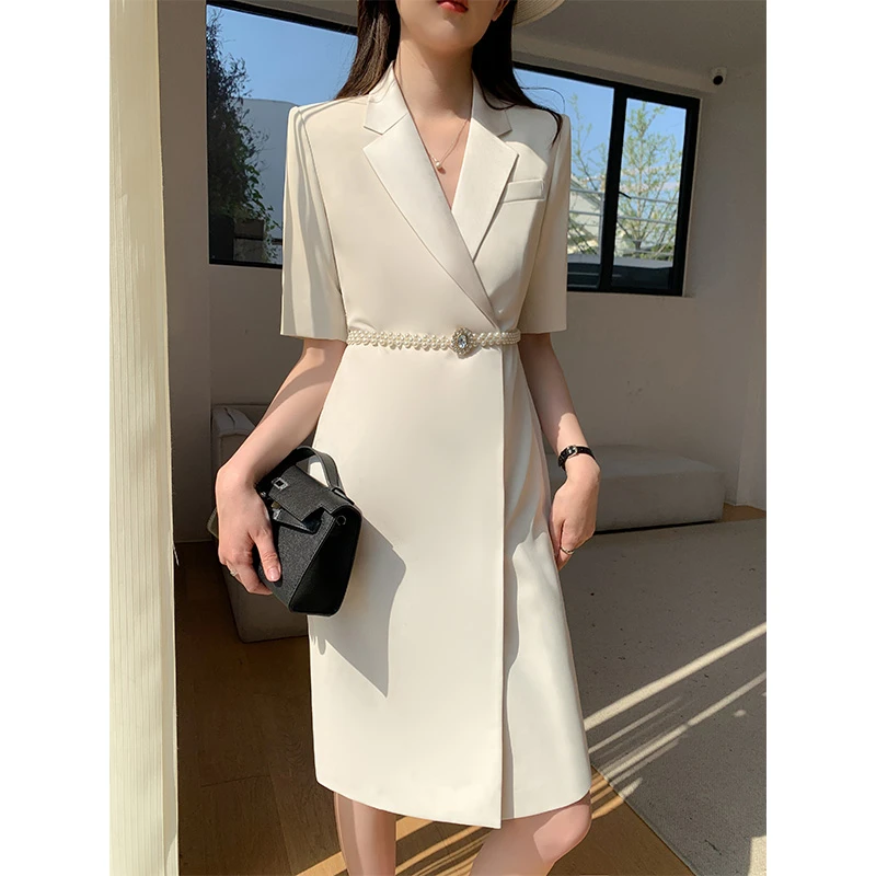 【高端气质】米白色职业连衣裙2025新款女夏季西装裙美容师工作服