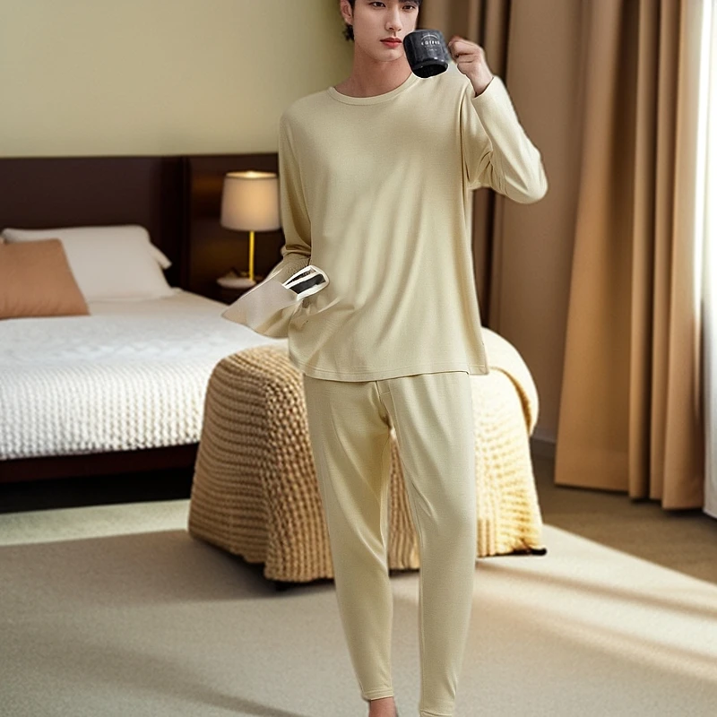 櫟丝御锦柞蚕丝男士秋衣秋裤里穿打底保暖舒适亲肤套装 94090