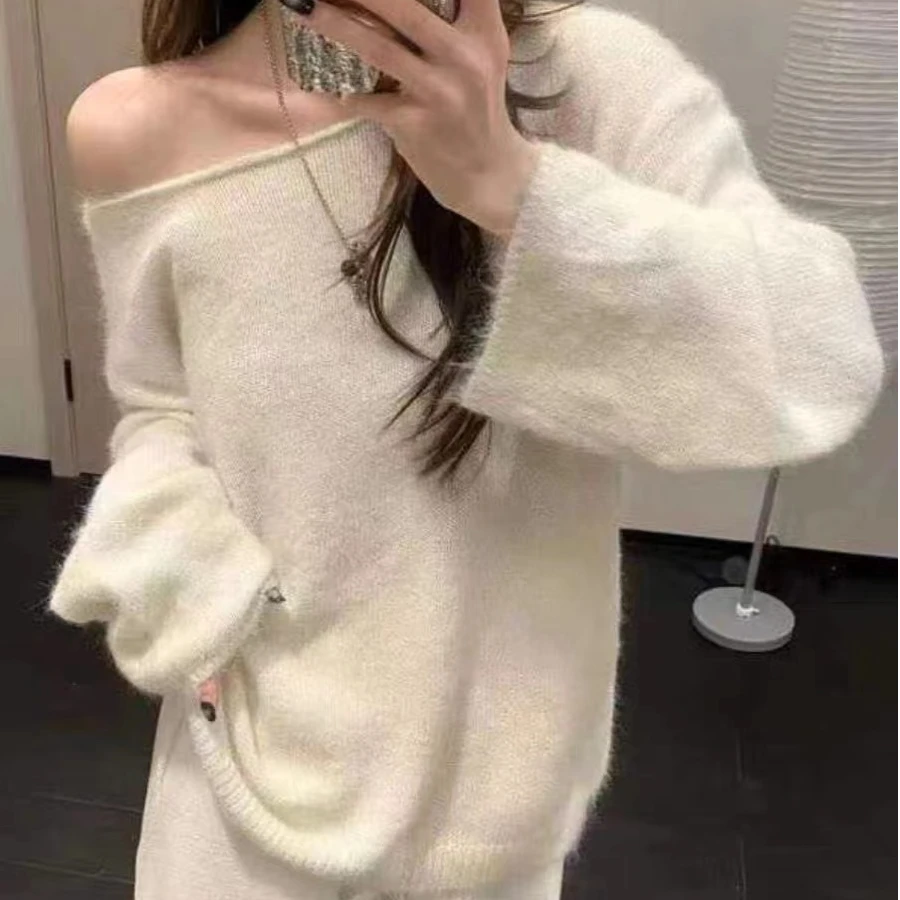 【大轩哥】长袖针织衫时尚宽松百搭慵懒风韩版显瘦一字肩毛衣