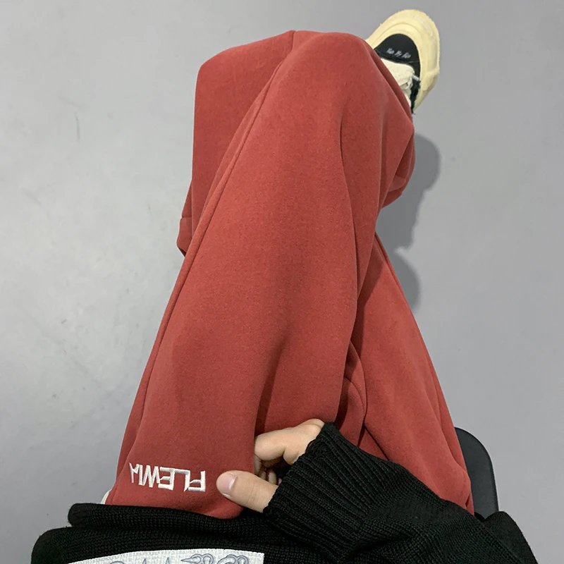 橘红色加绒卫裤男款潮牌美式重磅运动裤子秋冬季加厚束脚休闲棉裤