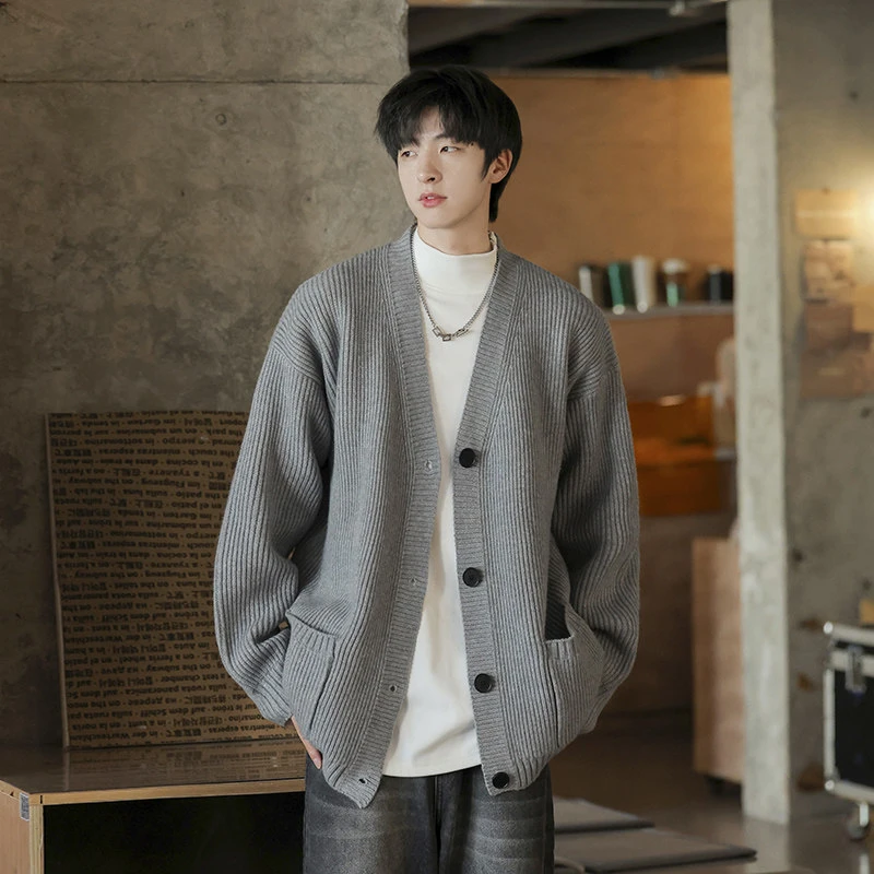 V领开衫毛衣男2024春秋季新款日系复古慵懒风宽松针织衫线衣外套