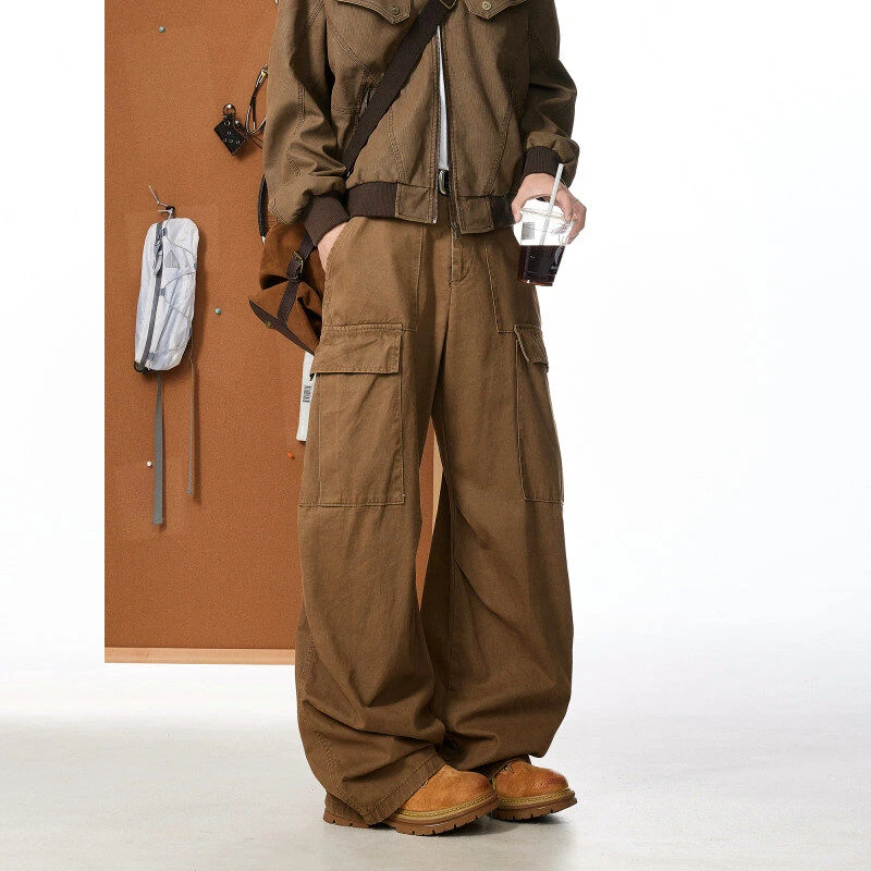 美式复古秋叶黄工装裤男秋潮牌vibe宽松弯刀阔腿裤高街痞帅休闲裤