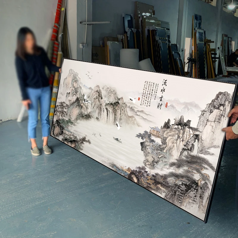 流水生财壁画客厅沙发背景墙装饰办公室山水风景挂画2023新字画