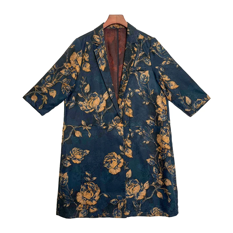 锦娘红云纱黄色牡丹花长款西装-S-H480646K