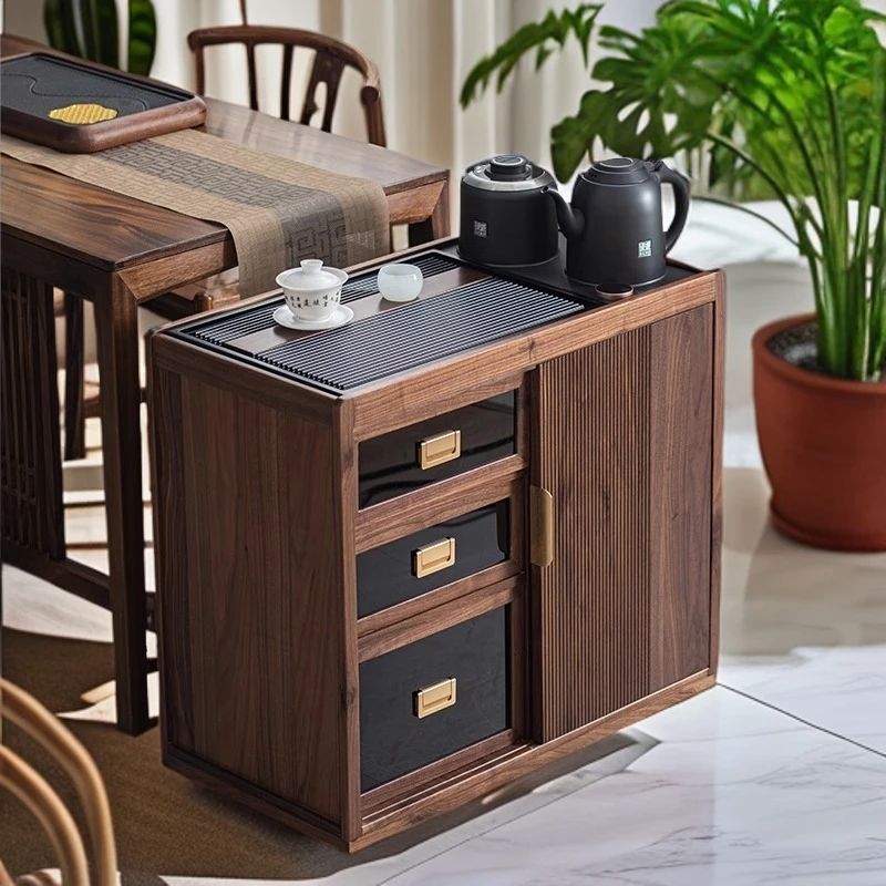 北美黑胡桃木茶水柜小户型茶边柜家用烧水一体茶几阳台移动泡茶桌