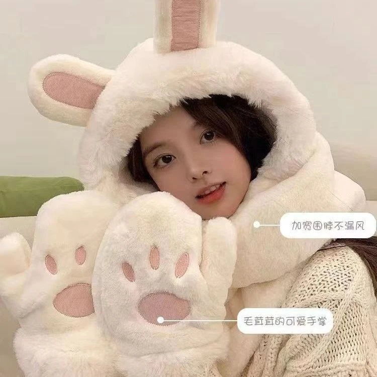 小熊帽子围脖一体手套三件套入冬必备保暖可爱时尚毛绒加厚防寒
