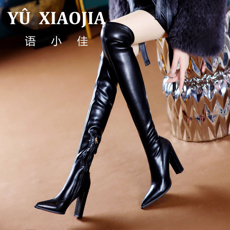 9CM[已开价]超高跟过膝长靴2025年冬季显瘦尖头粗跟弹力靴955-8A