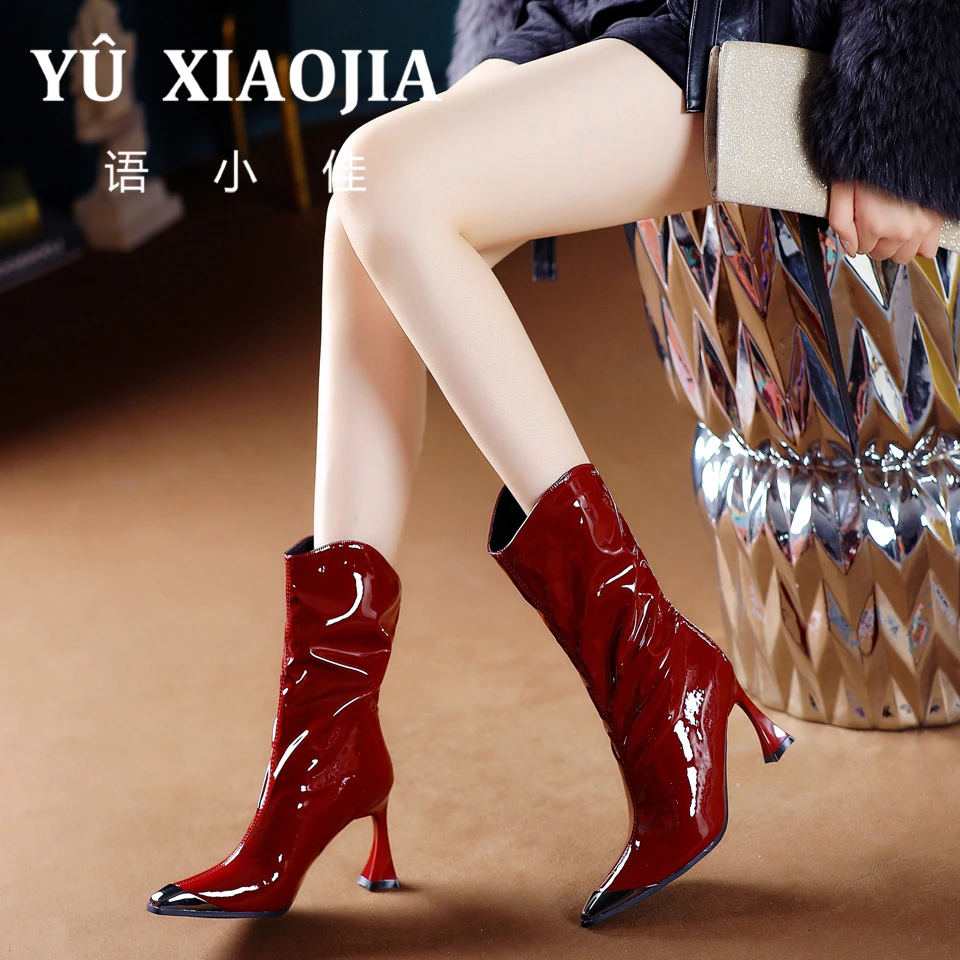 8CM[已开价]时尚高跟堆堆靴女秋冬新款金属方头细跟中筒靴M68-92