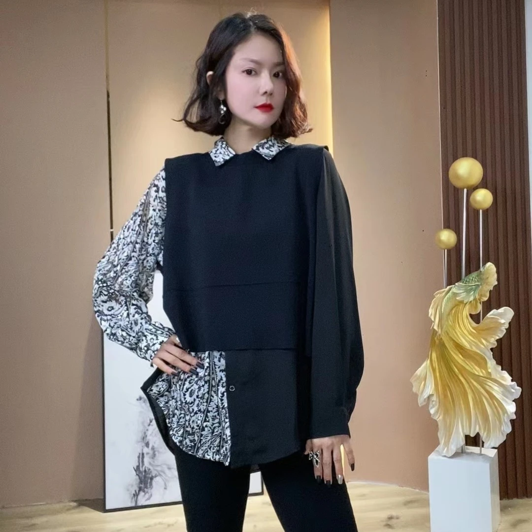 秋季衬衫两件套上衣女设计感小众针织马甲衬衣套装2025新款宽松