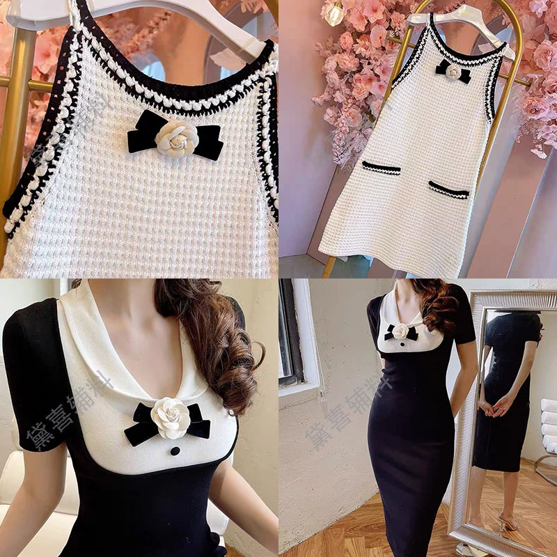 小香风千鸟格山茶花百搭手工蝴蝶结花朵胸针胸花别针手缝布艺配饰