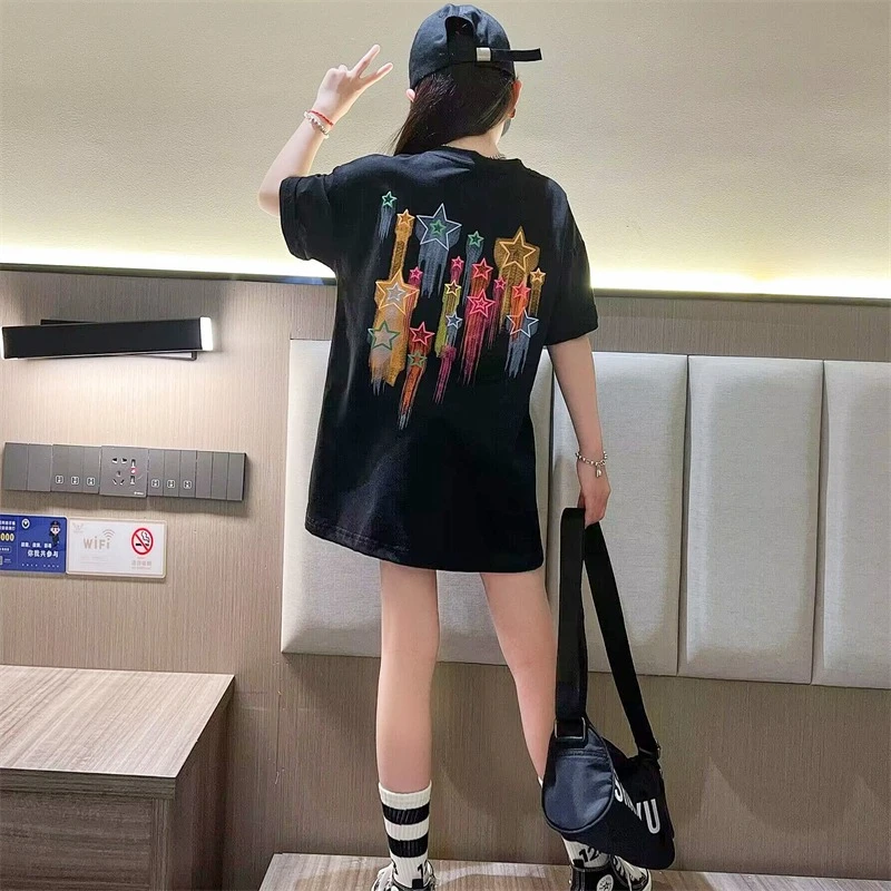 女童2025新款短袖t恤洋气大童夏季宽松夏装儿童中长款半袖上衣潮