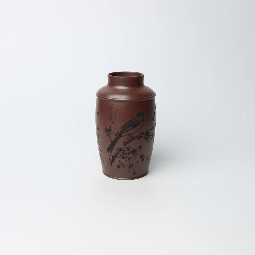 直042 喜上眉梢 双层 宜兴精品紫砂刻绘净水杯 原矿紫砂家藏泥料