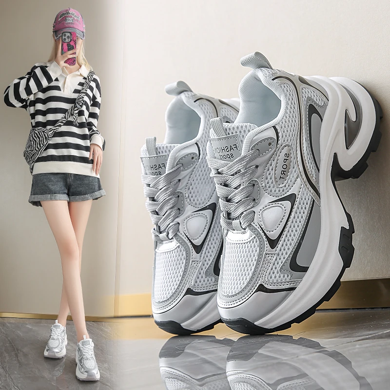 爆款厚底老爹鞋女款2024春秋新款增高休闲鞋网面跑步运动鞋百搭