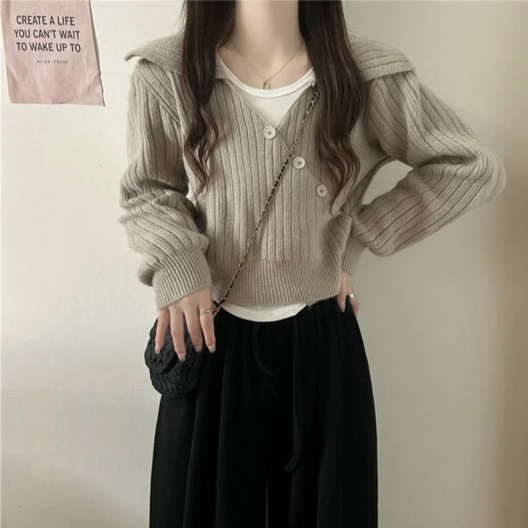 7381【真两件套】设计感不规则长袖针织毛衣女2024新款短款上衣