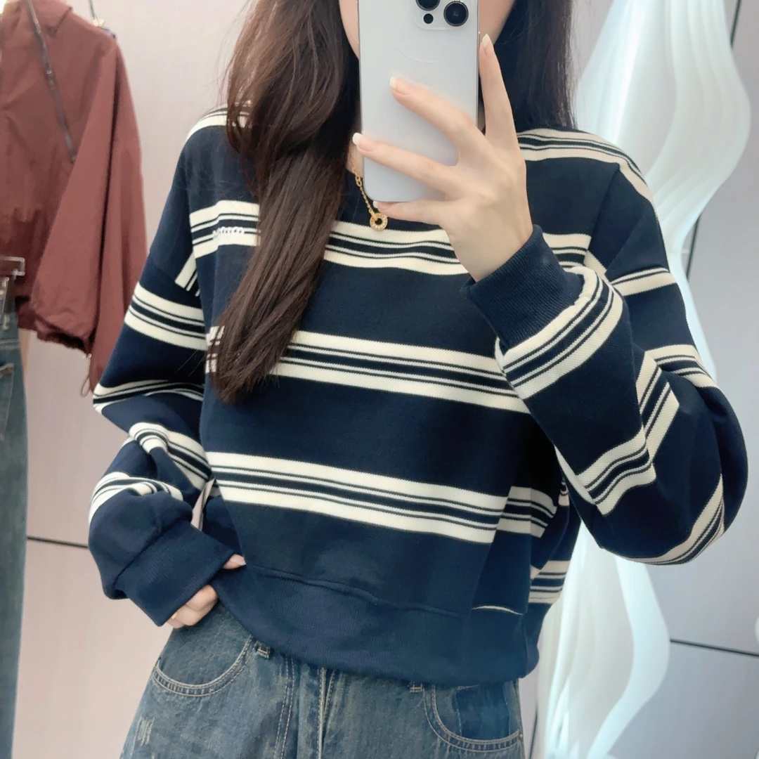 7351韩系小众设计感条纹卫衣女秋宽松休闲小个子时尚百搭下摆上衣