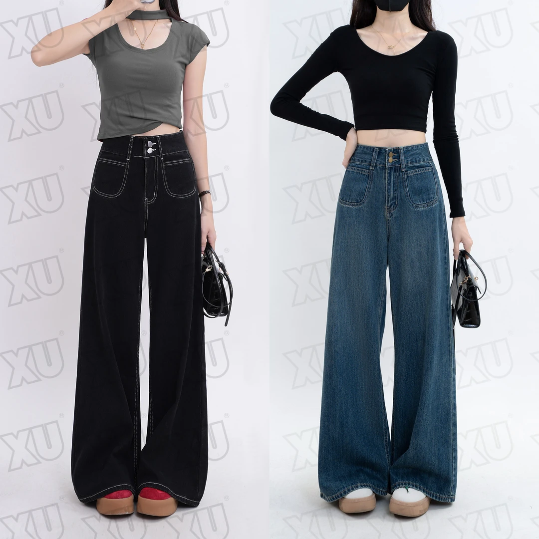 【XU7276】黑蓝阔腿牛仔裤时尚百搭日常女装新款休闲高腰宽松拖地裤