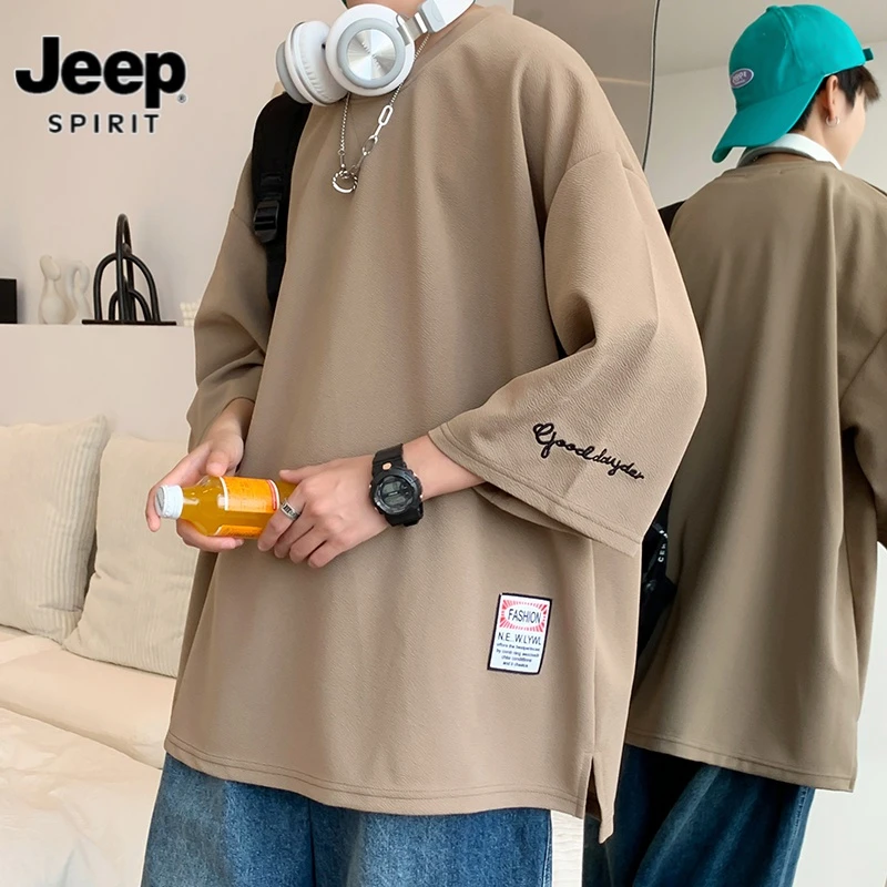 JEEP SPIRIT夏季刺绣短袖T恤男cityboy潮流潮牌宽松大码七分袖