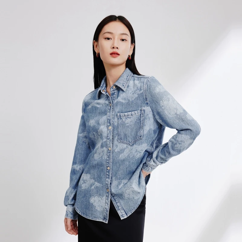 EP YAYING雅莹女装 龙腾祥云莱赛尔牛仔衬衫 2024早春新品J205A