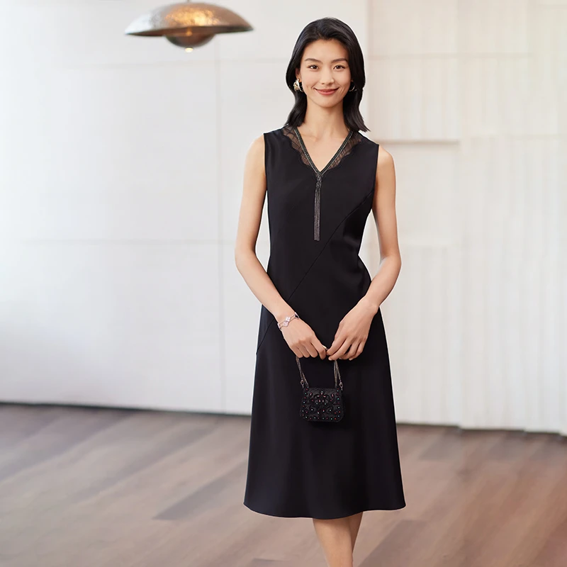 EP雅莹高端系列 重磅桑蚕丝V领无袖背心连衣裙 春装新品4107A