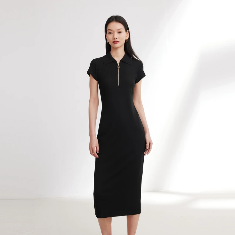 EP YAYING雅莹女装 黑色修身POLO领短袖连衣裙 新款4502B