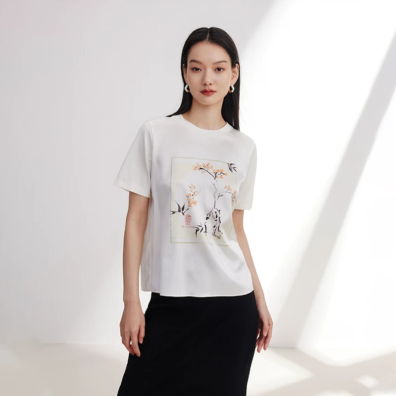 EP雅莹国风女装 桑蚕丝拼接印花短袖t恤上衣 新款5316A
