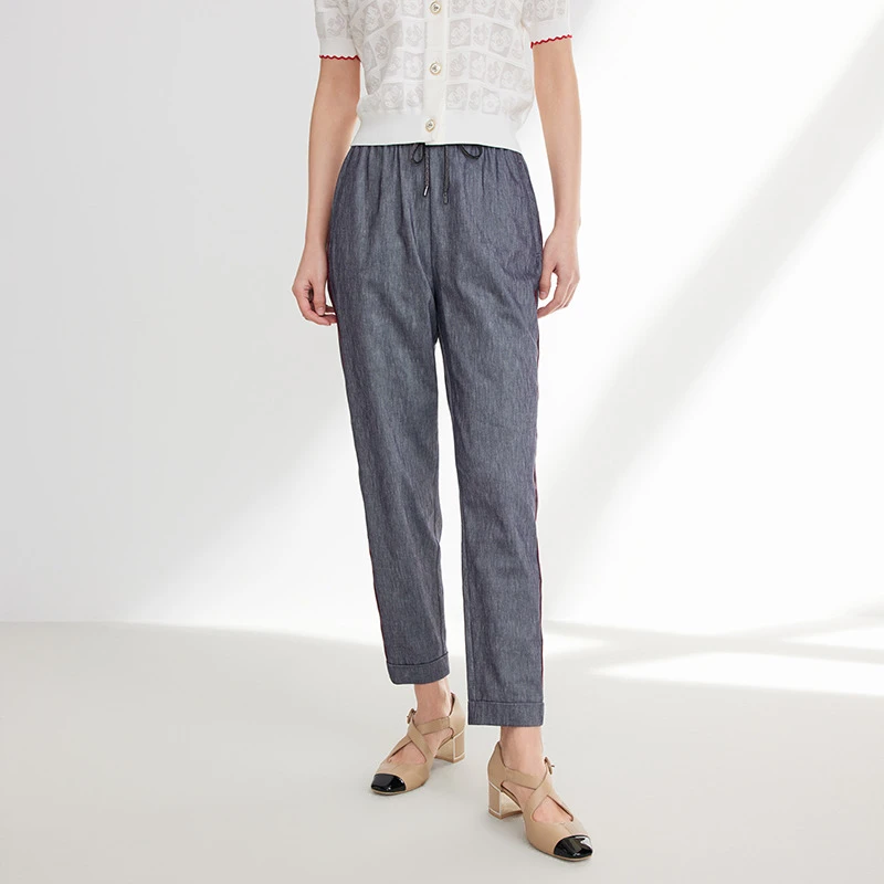 EP YAYING雅莹女装 时尚抽绳松紧腰棉锥形裤 春装新款6415B