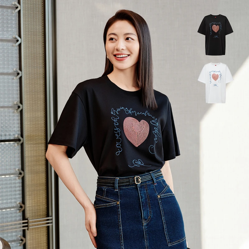 EP雅莹高端系列 棉圆领刺绣显瘦宽松T恤 秋冬新品5303A