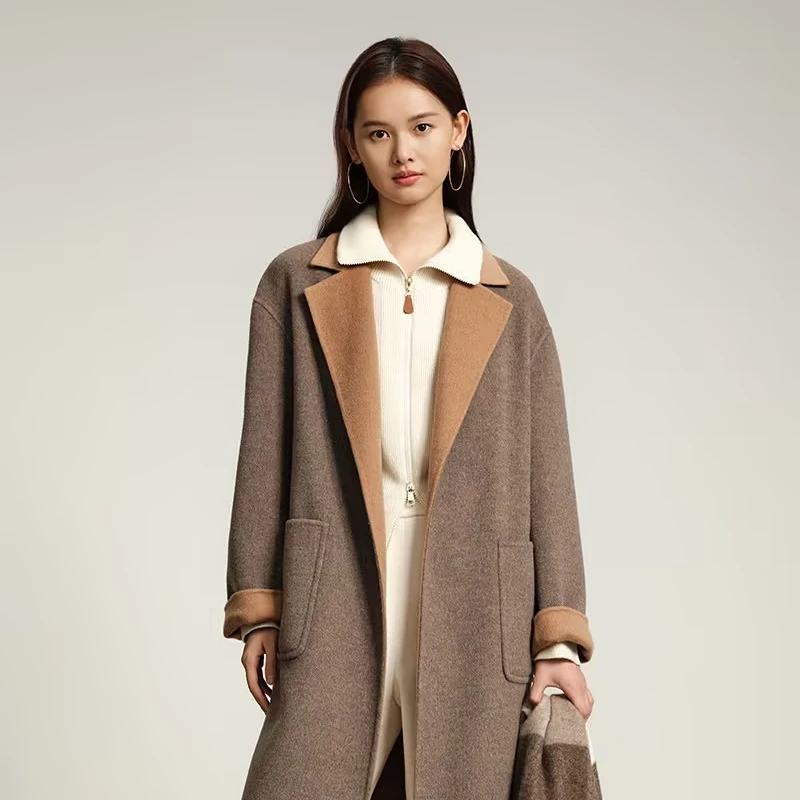 EP雅莹 女装牦牛绒羊毛混纺系带双面中长款大衣8317A