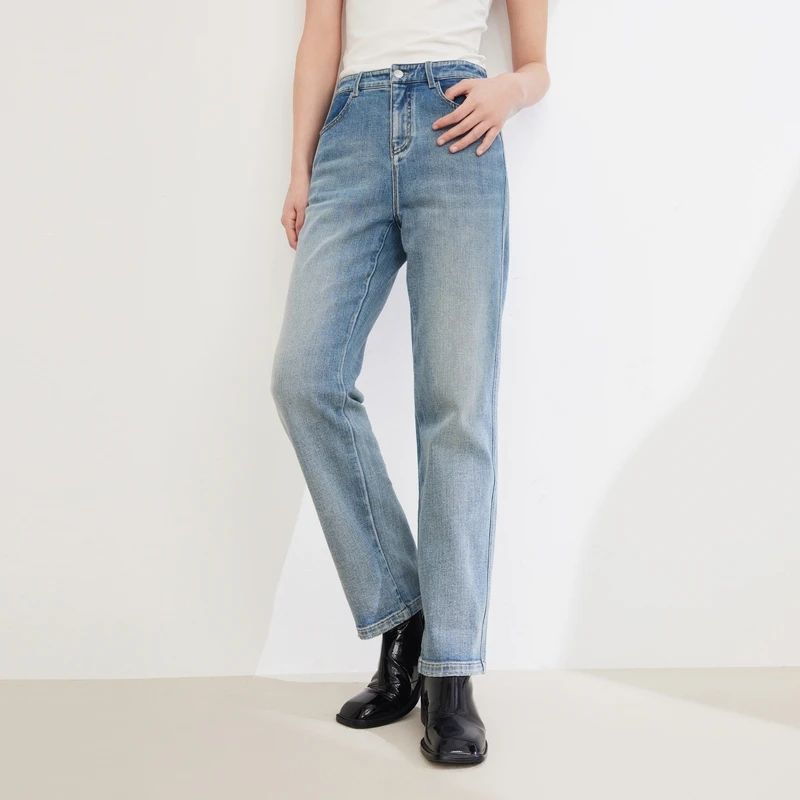 EP YAYING雅莹女装 复古长绒棉9分直筒牛仔裤 早春新品J617A
