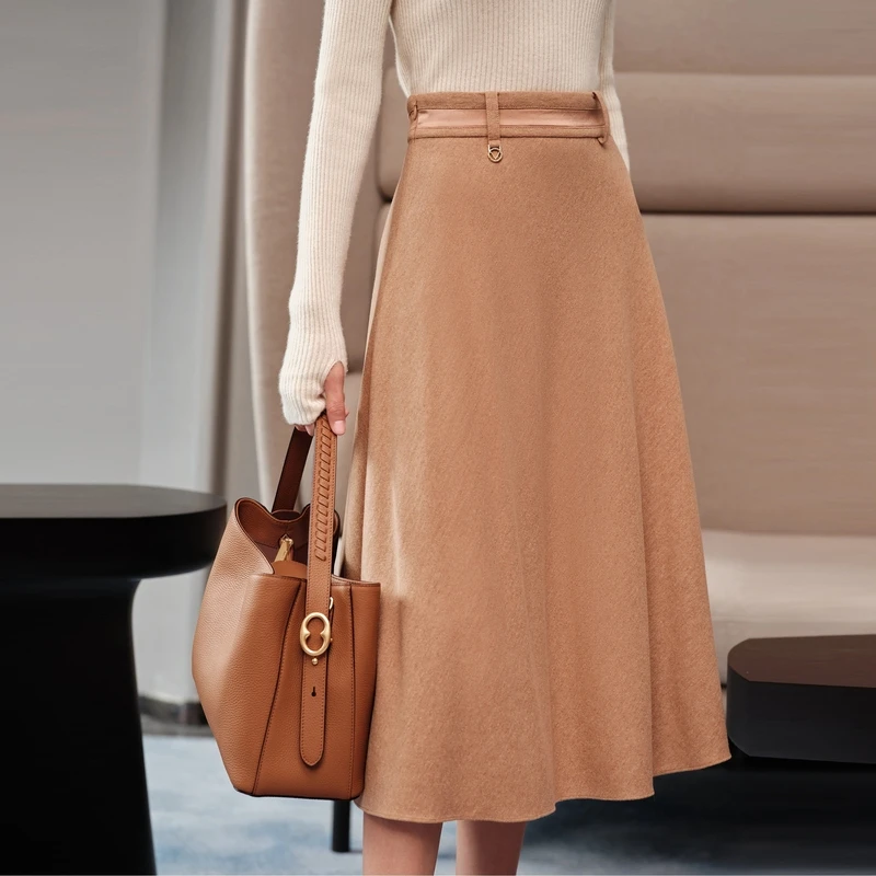 EP雅莹高端系列 骆驼绒气质高腰卡其色a字半身裙 23秋冬新款3303A