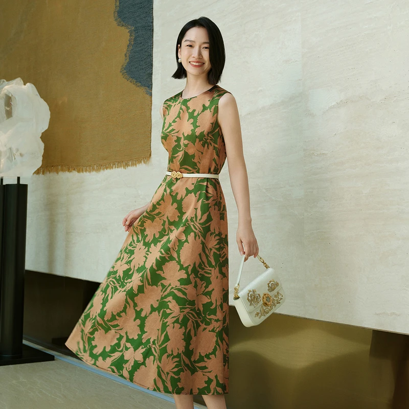 EP雅莹高端系列 国风新中式印花收腰连衣裙 秋装新款4106A